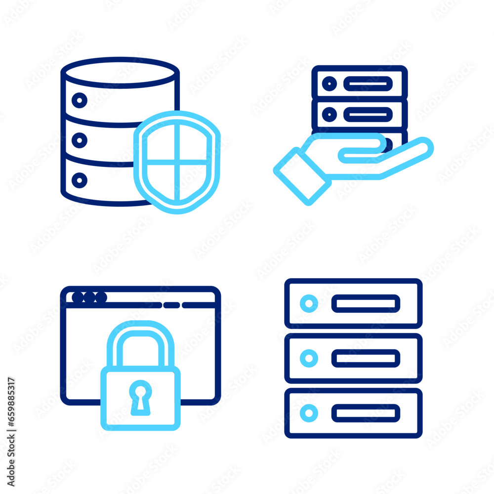 Set line Server, Data, Web Hosting, Secure your site with HTTPS, SSL, and shield icon. Vector