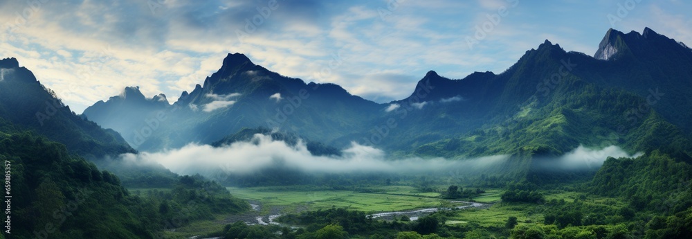Fog kissed mountain peaks rise above lush, green slopes in serene panorama