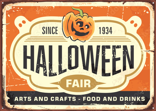Retro sign post advertisement for Halloween fair. Holiday event vintage poster design. Halloween pumpkin head vector graphic on old metal plate.