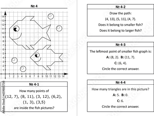 Coordinate plane learning quiz questions set 4. Two-page activity set. Educational math puzzles. No-prep, fun, engaging. Black and white, printable and photocopiable.
