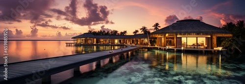 Luxury resort villas dotting amazing tropical islands, soft LED lights, dreamy seascape © Muhammad Shoaib