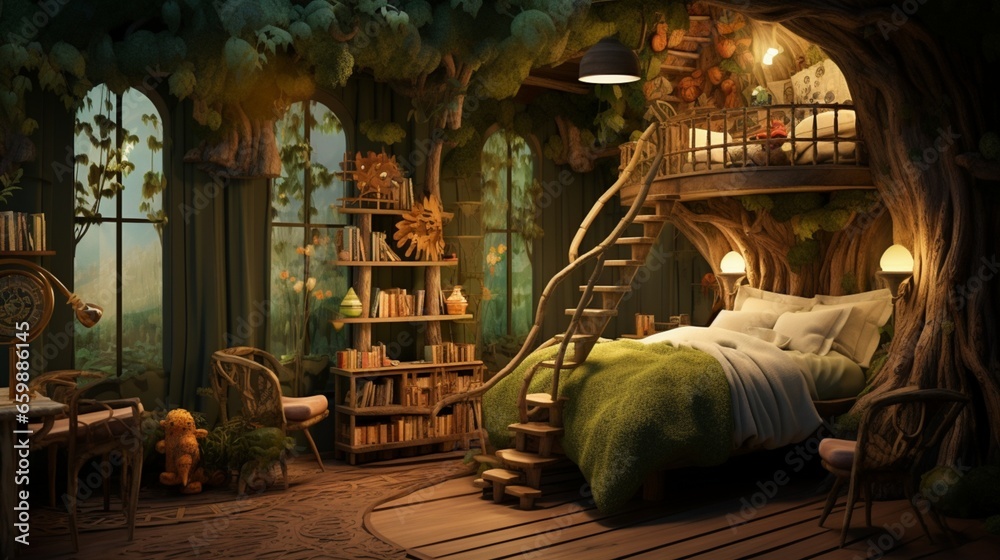 a wilderness-themed room with a treehouse bed and forest-inspired decor