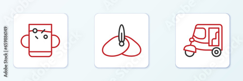 Set line Taxi tuk tuk, Cup of tea and leaf and Indian headgear turban icon. Vector