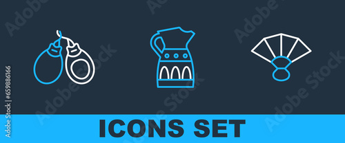 Set line Fan flamenco, Castanets and Sangria pitcher icon. Vector