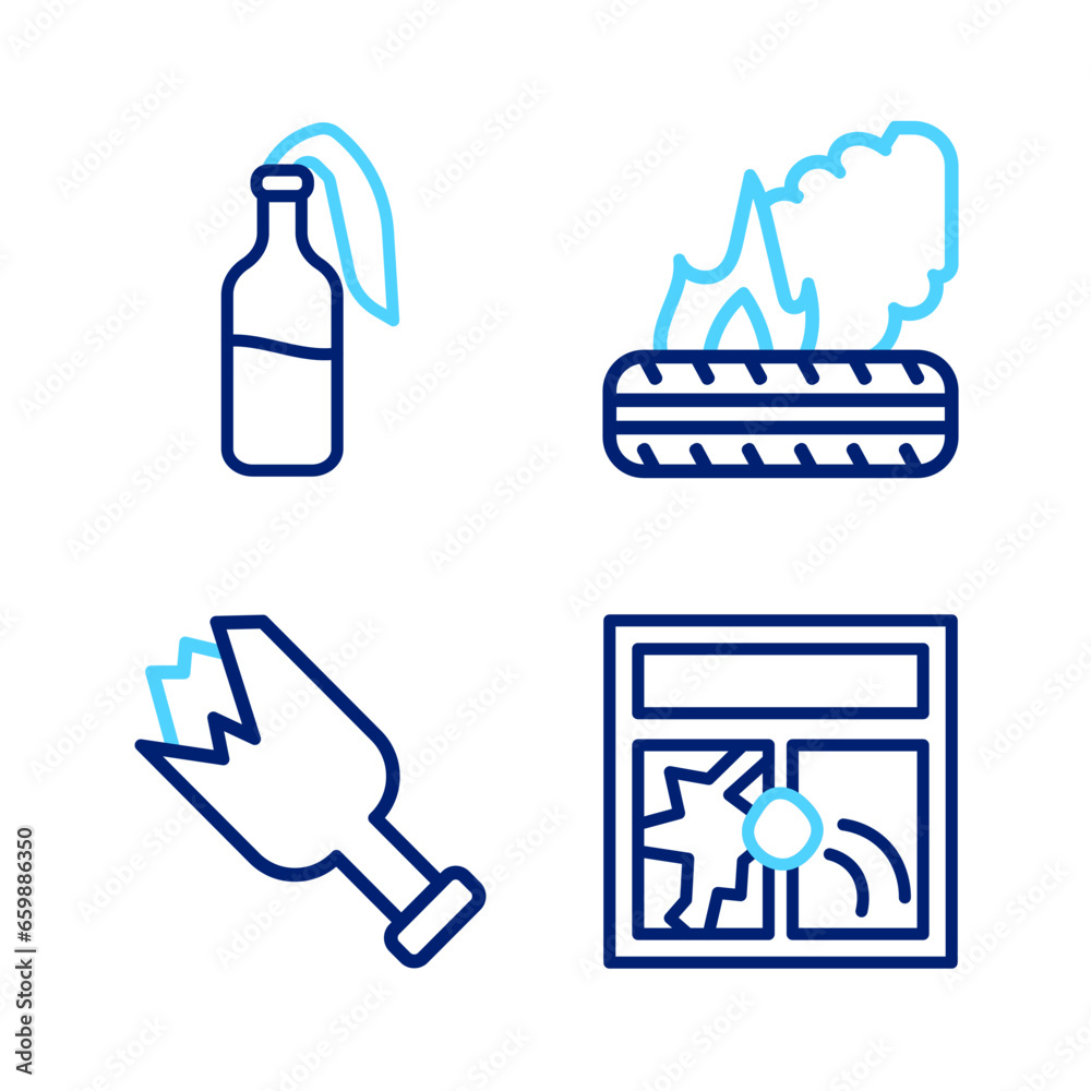 Set line Broken window, bottle as weapon, Lying burning tires and Cocktail molotov icon. Vector Set line Broken window, bottle as weapon, Lying burning tires and Cocktail molotov icon. Vector