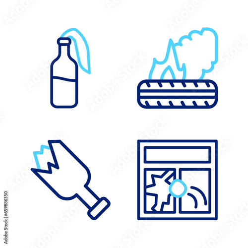 Set line Broken window, bottle as weapon, Lying burning tires and Cocktail molotov icon. Vector