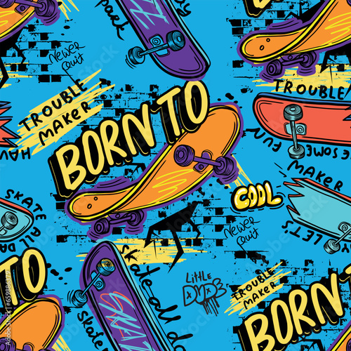 skateboard seamless pattern. Seamless bright abstract pattern with skateboard. Prints for T-shirts, textiles, clothes, sports, and more
