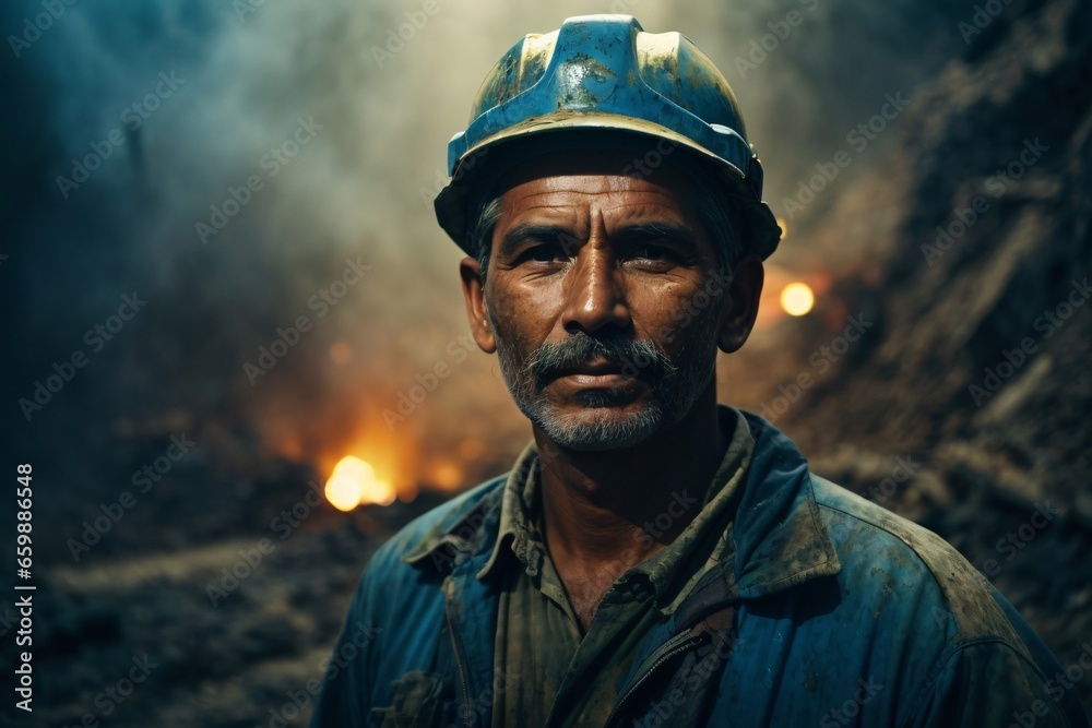 Portrait of a miner, strong and resilient, with skilled hands that reflect blue-collar labor. Generative Ai.