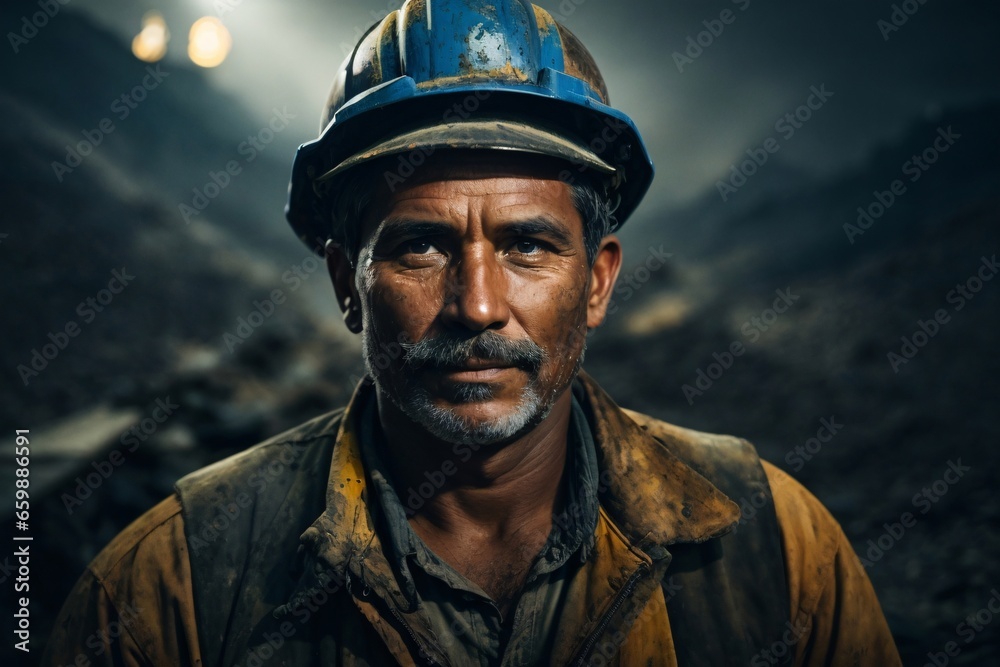 Portrait of a miner, strong and resilient, with skilled hands that reflect blue-collar labor. Generative Ai.