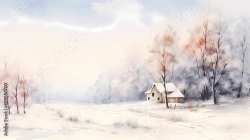 Winter landscape with house and trees in the fog © Tatiana