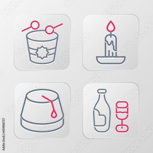 Set line Wine bottle with glass  Turkish hat  Burning candle and Ramadan drum icon. Vector