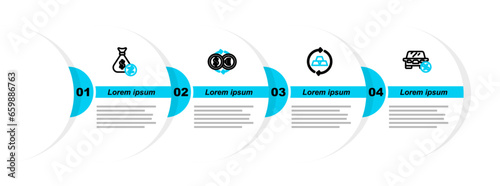 Set line Car leasing percent, Gold bars, Money exchange and bag icon. Vector