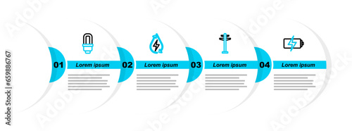 Set line Battery, Electric tower, Water energy and LED light bulb icon. Vector