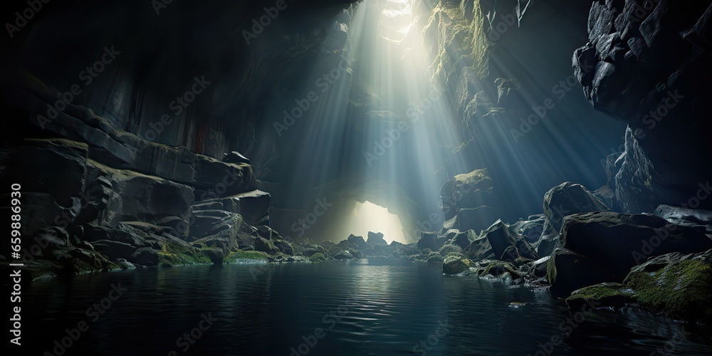 AI Generated. AI Generative. Old deep cave under earth witn sun ray light from above. Adventure exploration vibe - obrazy, fototapety, plakaty 