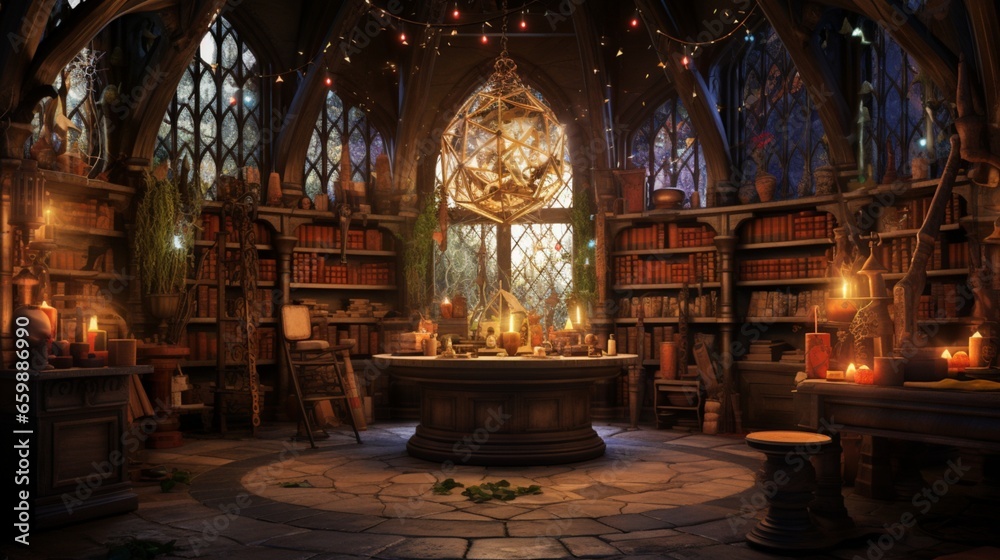 the room into a magical wizard's lair with spellbooks, potion bottles, and mystical symbols