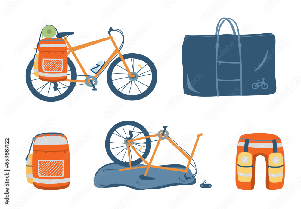 Bike ride equipment and accessories vector illustrations set. Cycle ...