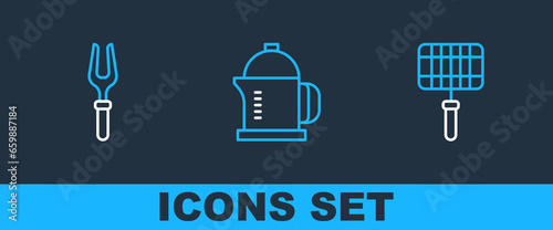 Set line Barbecue steel grid, fork and French press icon. Vector