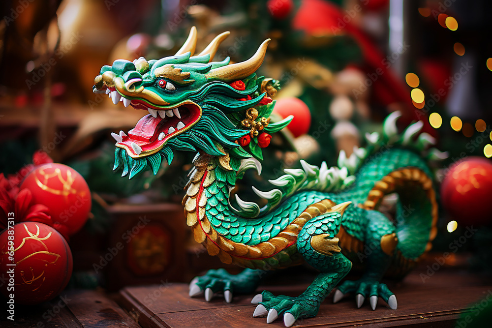 Fototapeta premium Chinese dragon statue on wooden table, close-up. Festive background. Selective Focus.