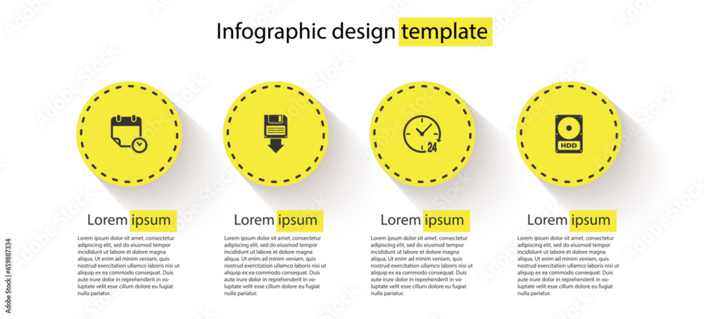 Set Calendar and clock, Floppy disk backup, Clock 24 hours and Hard drive HDD. Business infographic template. Vector Set Calendar and clock, Floppy disk backup, Clock 24 hours and Hard drive HDD. Business infographic template. Vector