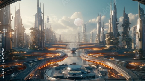 Transform the space into a futuristic cityscape with skyscrapers and flying cars