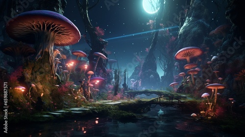 Transform the space into a magical forest with fairies, elves, and glowing mushrooms © amnabibi