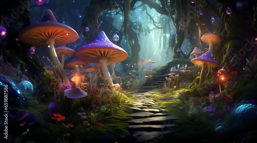 Transform the space into a magical forest with fairies, elves, and glowing mushrooms