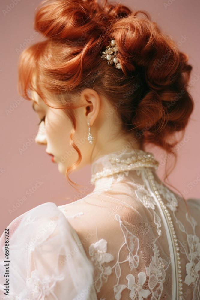 Examining the bride's intricately styled updo from up close