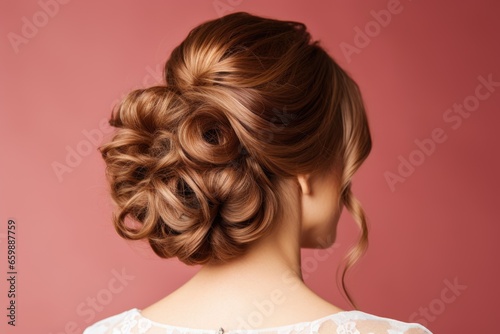 An up-close view of the bride's intricate updo hairstyle