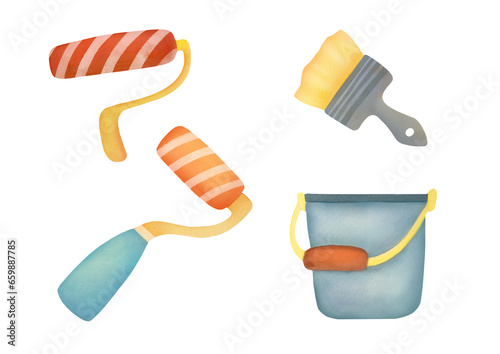 cutout Professional Tools set for painting walls, home renovation. Watercolor clipart collection illustration of paint roller isolated on transparent background. Painting and decorating