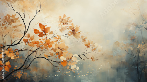 autumn blurred background, morning forest in a sunny fog yellow fall leaves, drawing layer painting