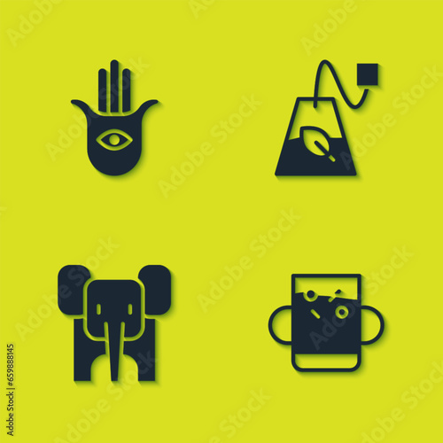 Set Hamsa hand, Cup of tea leaf, Elephant and Tea bag icon. Vector