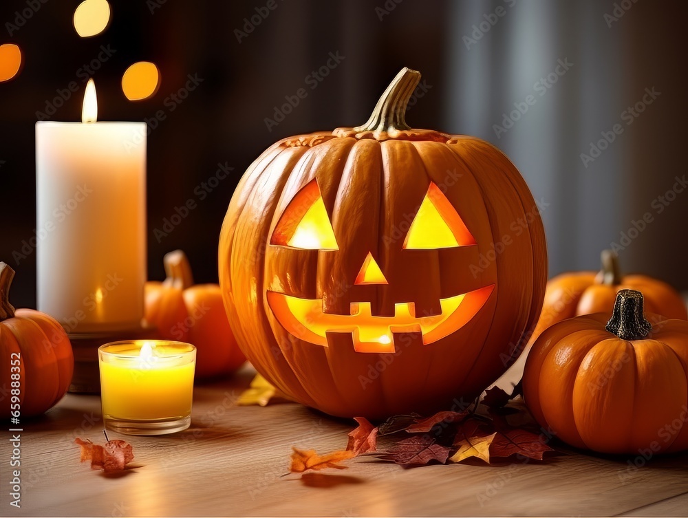 Sinister pumpkin as Halloween symbols tabletop home holiday decor. AI Sinister pumpkin as Halloween symbols tabletop home holiday decor. AI