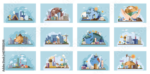 Industrial pollution. Dirty waste. Environmental pollution. Vector illustration. Dirty water in lakes is result industrial pollution Smokes with smog have become major concern in big cities Trash