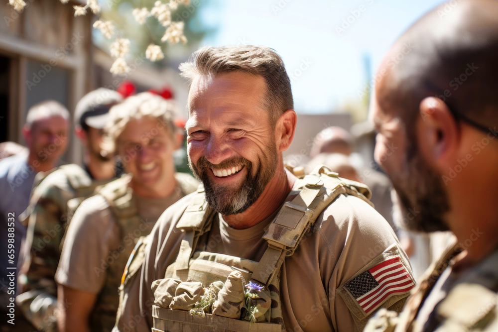 Fototapeta premium Portrait of Happy military, smiling war veteran soldiers walk down the street on a sunny day hearing thanks for their service. Lifestyle. Memorial, Remembrance, Independence Day Celebration