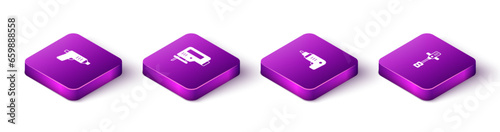 Set Isometric Electric cordless screwdriver, jigsaw, and Electrical hand concrete mixer icon. Vector