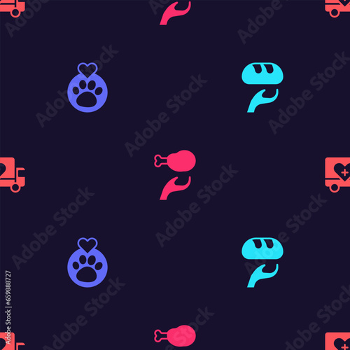Set Donation food, Heart with animals footprint, and Humanitarian truck on seamless pattern. Vector
