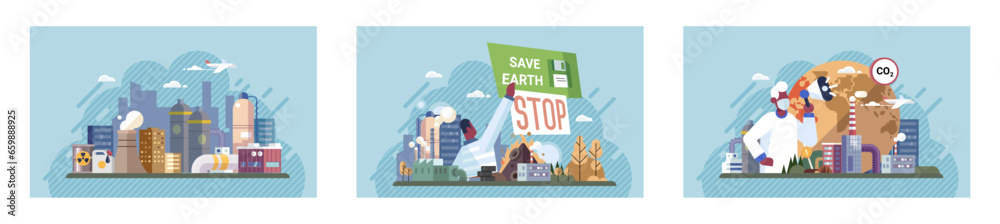 Naklejka premium Industrial pollution. Dirty waste. Environmental pollution. Vector illustration. Environmental pollution cbe tackled with sustainable practices Dirty waste must be processed using environmentally