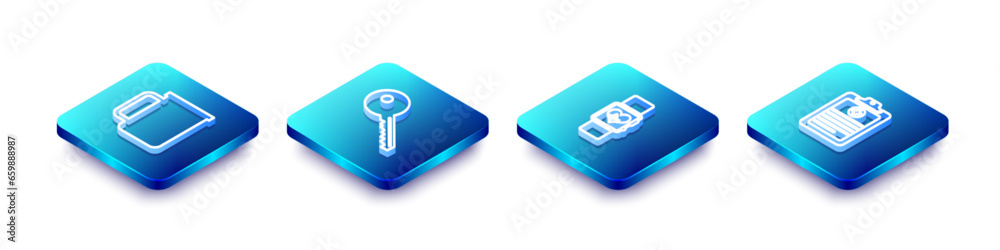 Set Isometric line Coffee cup, Key, Smart watch heart beat rate and Clinical record icon. Vector Set Isometric line Coffee cup, Key, Smart watch heart beat rate and Clinical record icon. Vector