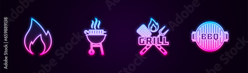 Set line Fire flame, Barbecue grilled shish kebab, Crossed fork and spatula and . Glowing neon icon. Vector