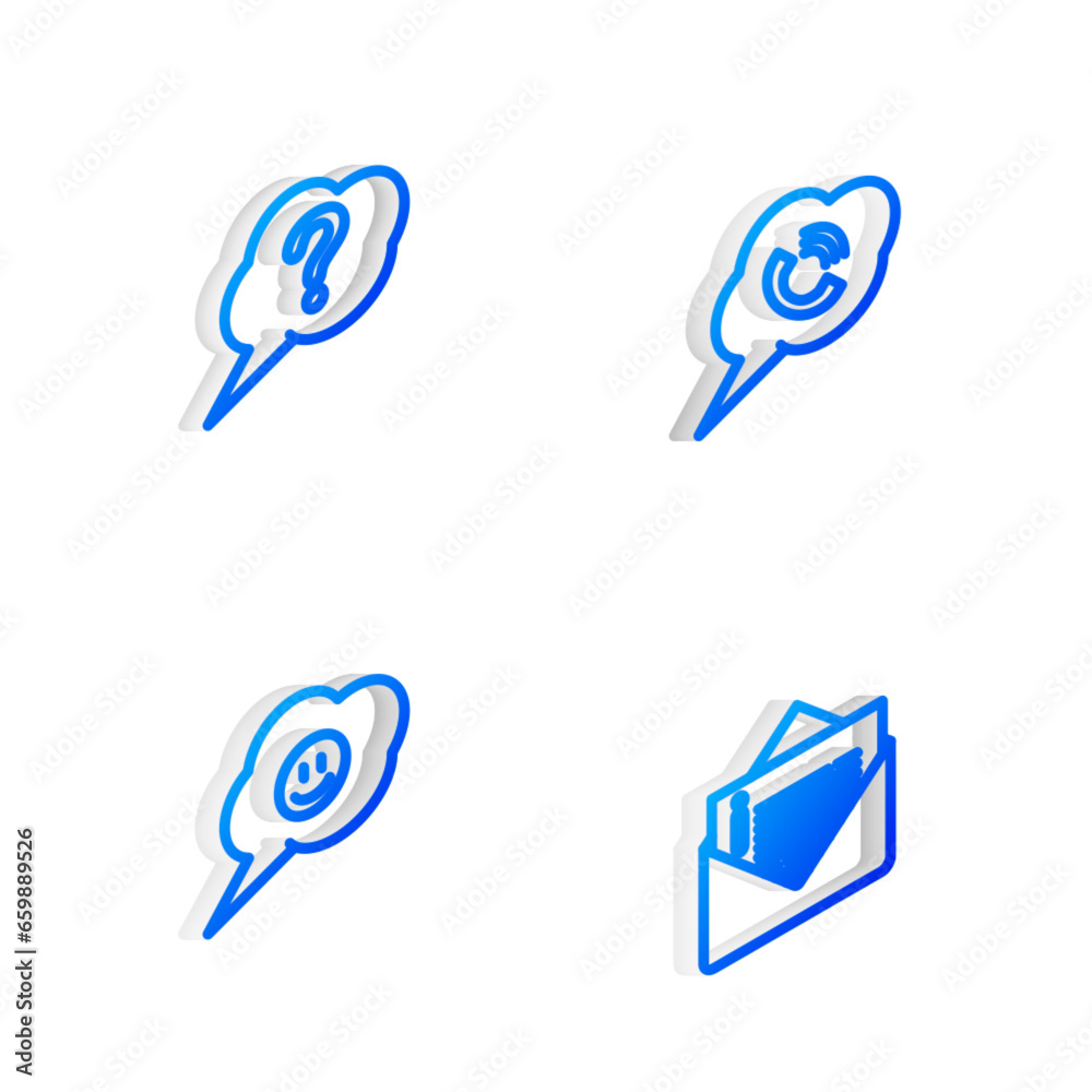 Set Isometric line Speech bubble with phone call, Question, smile face and Envelope icon. Vector Set Isometric line Speech bubble with phone call, Question, smile face and Envelope icon. Vector