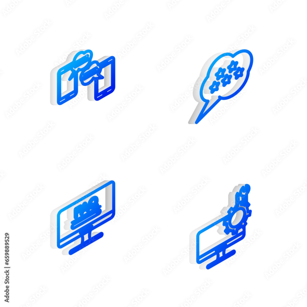 Set Isometric line Five stars rating review, Chat messages on mobile, Monitor with FAQ information and Computer monitor service icon. Vector Set Isometric line Five stars rating review, Chat messages on mobile, Monitor with FAQ information and Computer monitor service icon. Vector