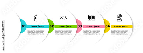 Set line Monk, Christian fish, The commandments and Jesus. Business infographic template. Vector
