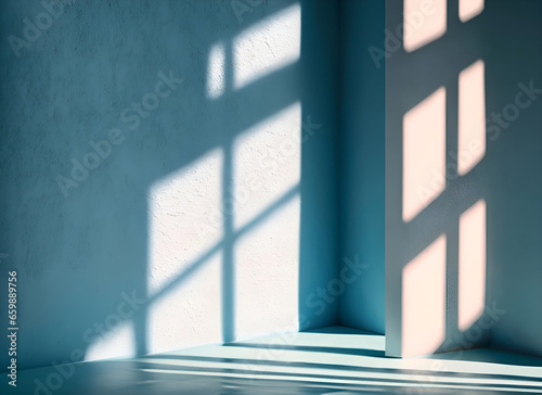 A vacant room and wall with morning sunlight casting shadows from the window, for displaying a product or adding text or graphics. (ID: 659889756)
