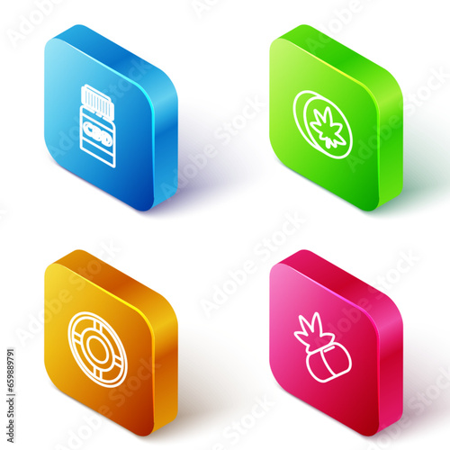Set Isometric line Medical bottle with cannabis, Herbal ecstasy tablets, Ashtray and pills marijuana icon. Vector
