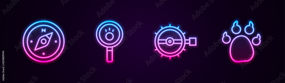 Set line Compass, Paw search, Trap hunting and print. Glowing neon icon. Vector Set line Compass, Paw search, Trap hunting and print. Glowing neon icon. Vector