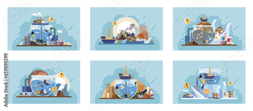 Industrial pollution. Dirty waste. Environmental pollution. Vector illustration. Dirty water in lakes is result industrial pollution Smokes with smog have become major concern in big cities Trash