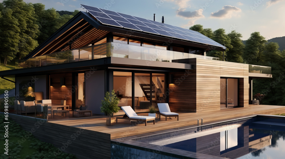 Solar panels on the roof of the house. Beautiful and stylish house, cozy accommodation. Economical energy consumption. Renewable energy. Green energy. Eco house.