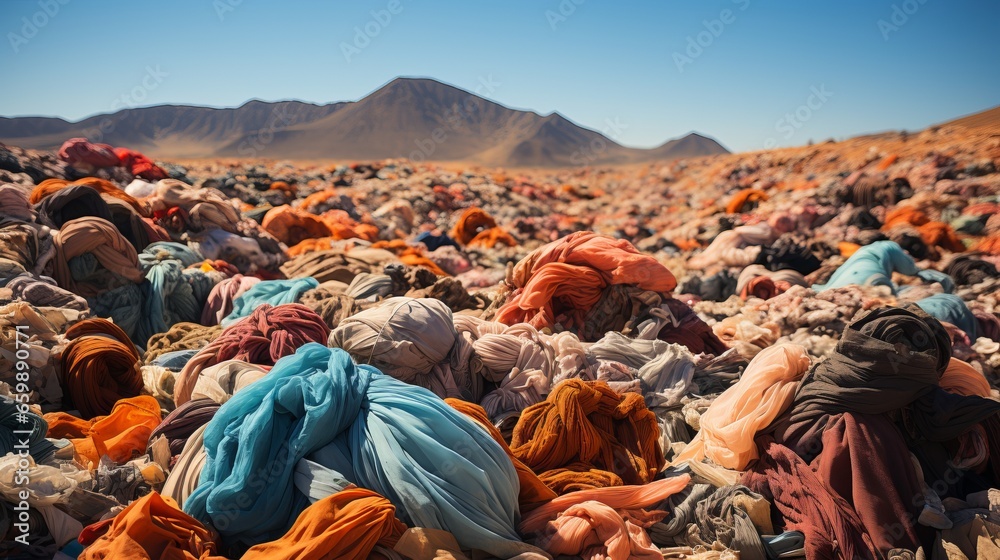 mountain of discarded clothes, textile waste, consumption problems and "fast fashion", Discarded things, pollution of the planet with synthetic products. - obrazy, fototapety, plakaty 