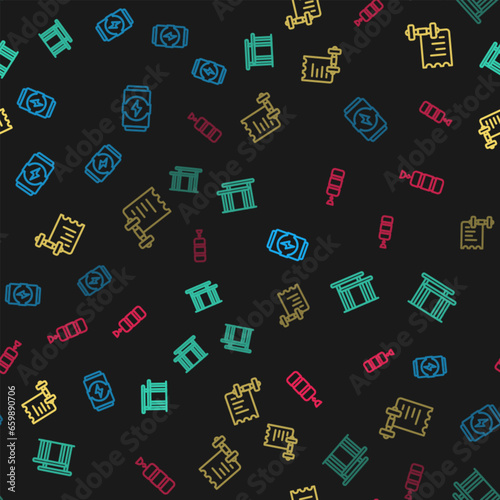 Set line Energy drink, Uneven bars, Sport training program and Punching bag on seamless pattern. Vector