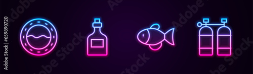 Set line Ship porthole, Rum bottle, Fish and Aqualung. Glowing neon icon. Vector